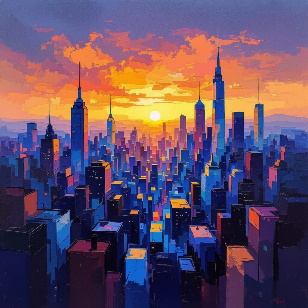 Abstract Cityscape at Sunset with Bold Brushstrokes
