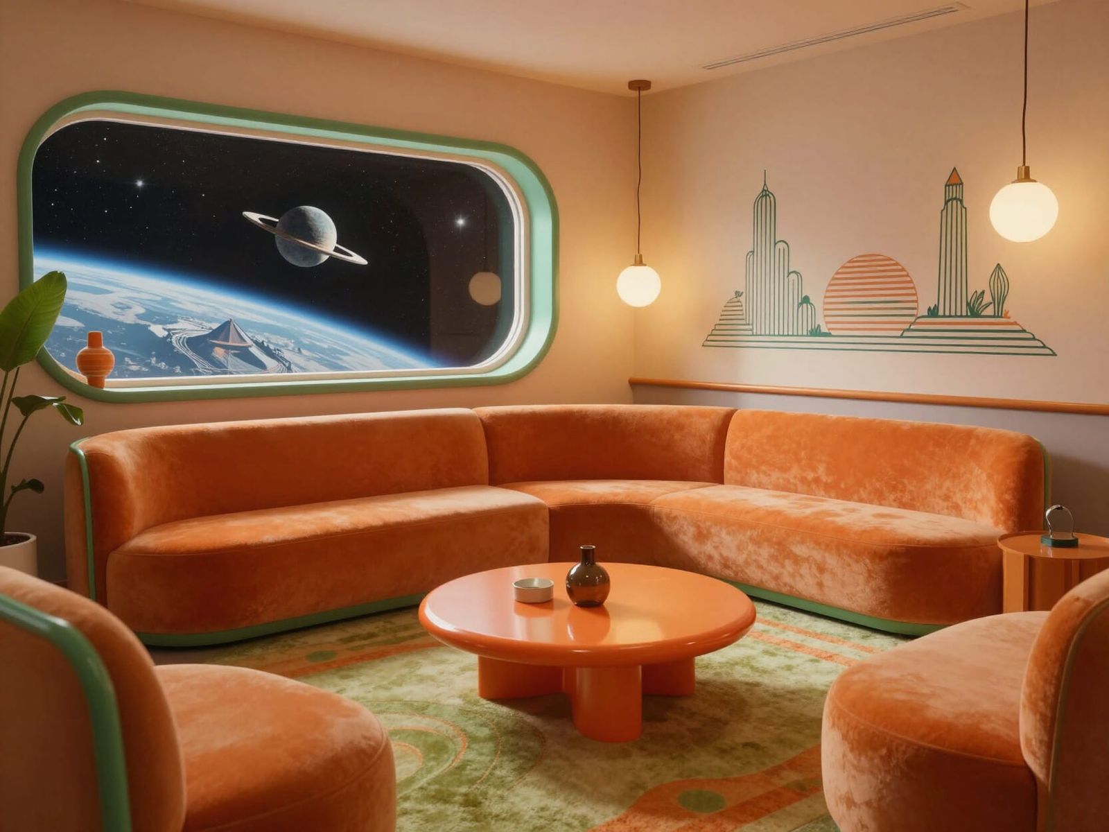 Retro-Futuristic 70s Living Room with Outer Space View