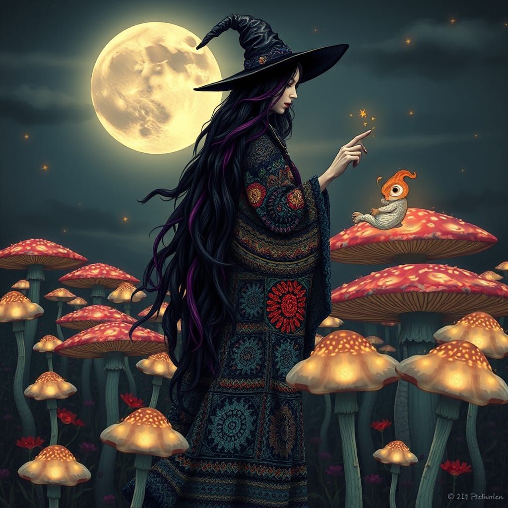 Regal Witch in a Field of Glowing Mushrooms under the Harves...