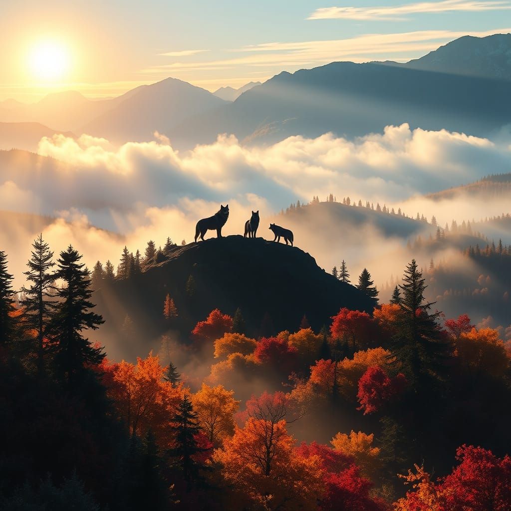 Majestic Wolf Pack in Misty Autumn Valley at Sunrise