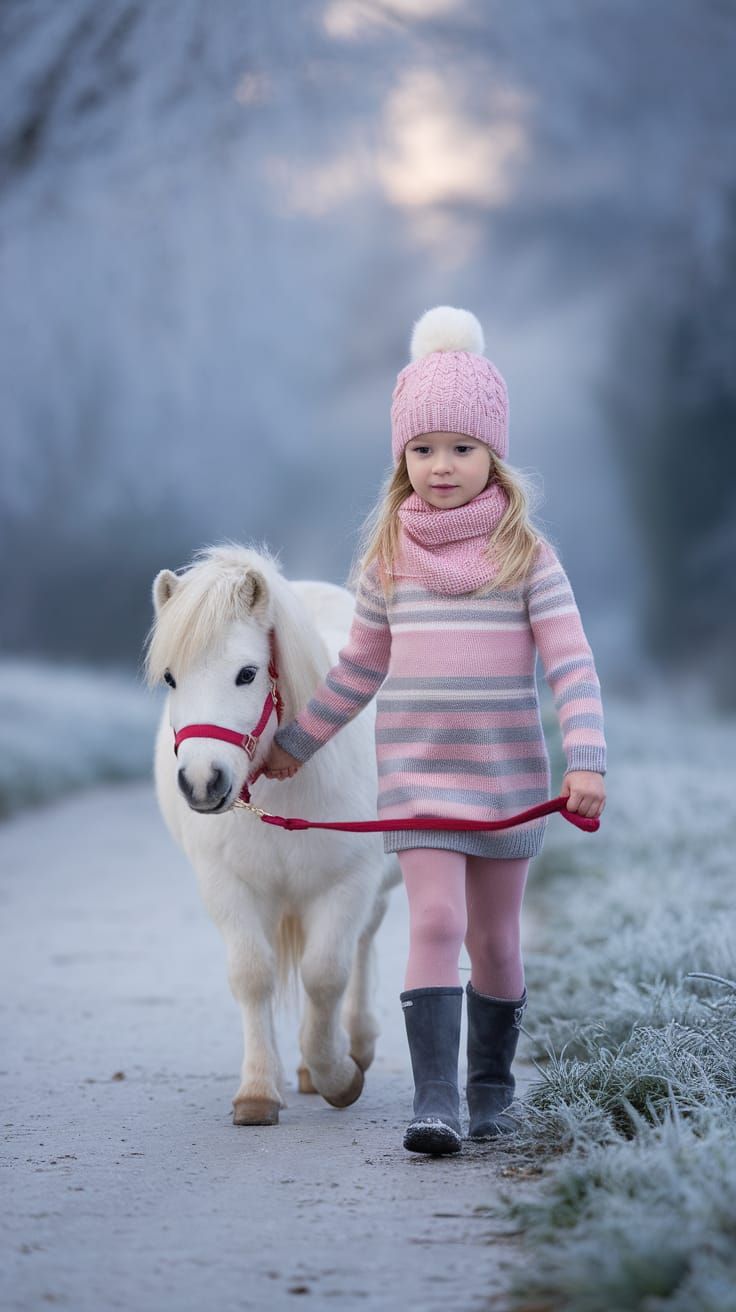 Young Girl Walks Beside Shetland Pony in Frosty Winter Lands...