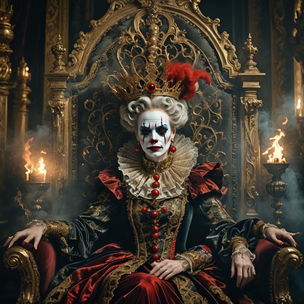 Mystical Clown Queen in Baroque Chamber, Symbolist Portrait
