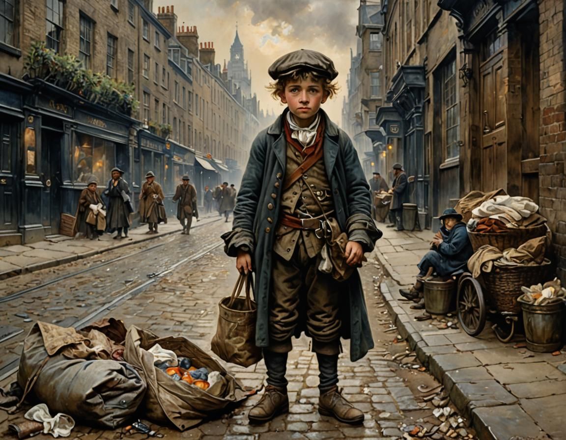 Sad Child Beggar in 1800s London Watercolor