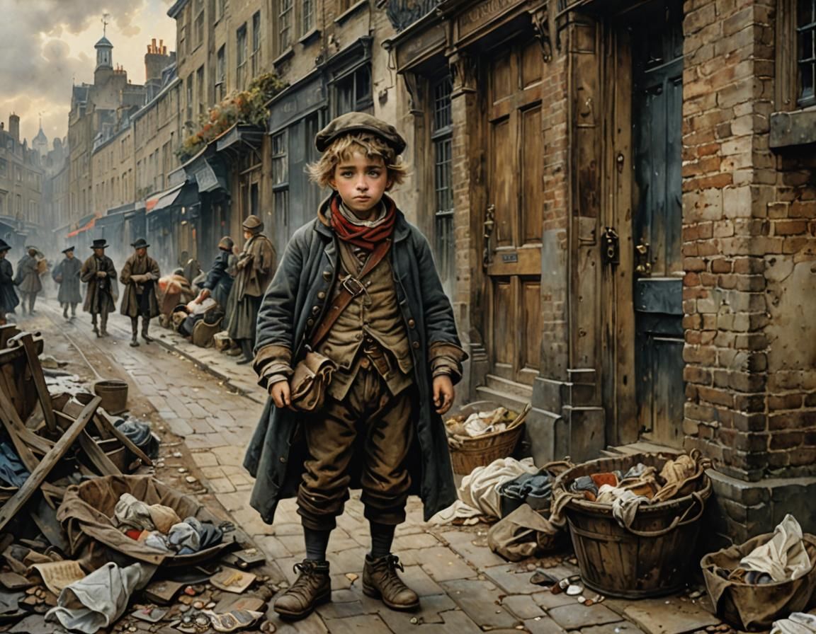 Sad Beggar Child in 1800s London, as Watercolor