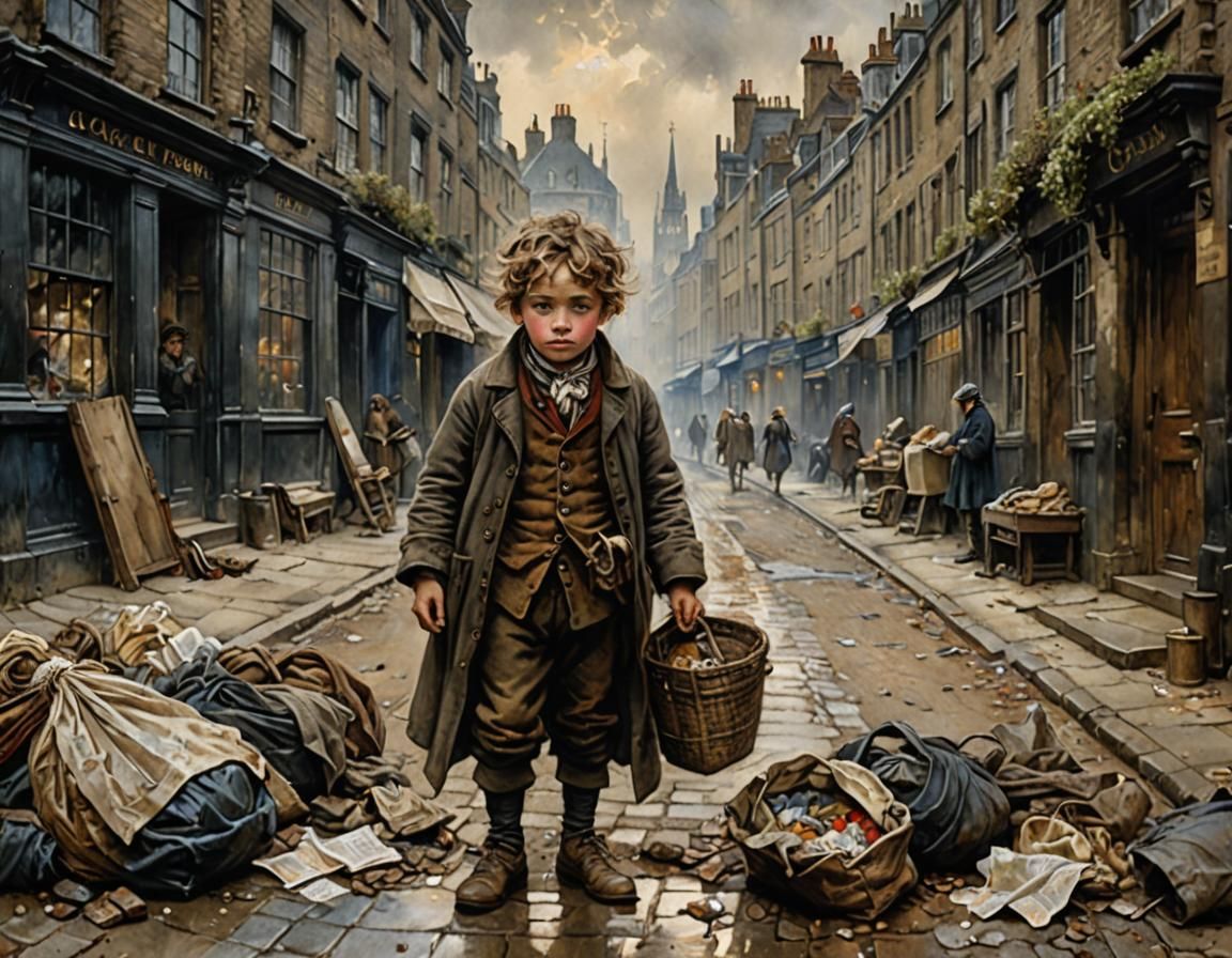 Sad Beggar Child in 1800s London: Watercolor Style