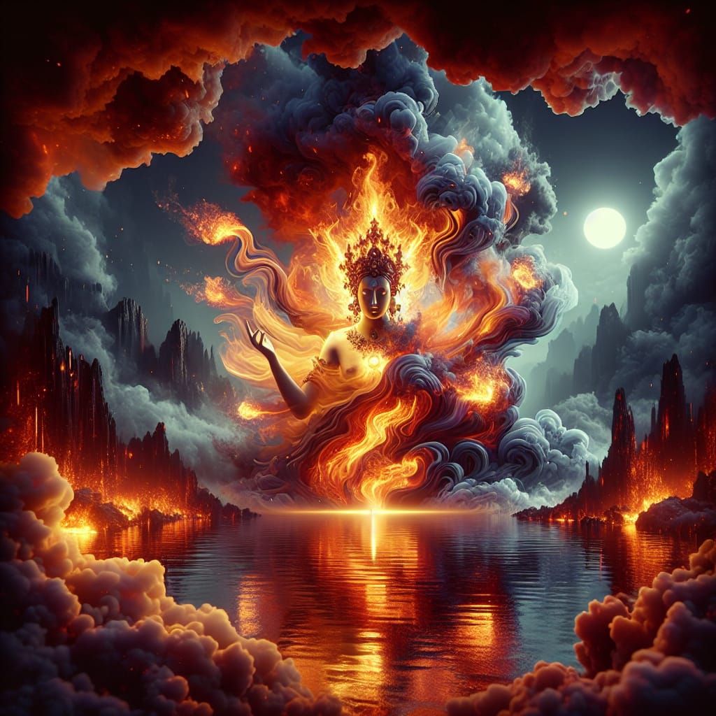 Blazing Deity Emerges from Lava Lake in Digital Art