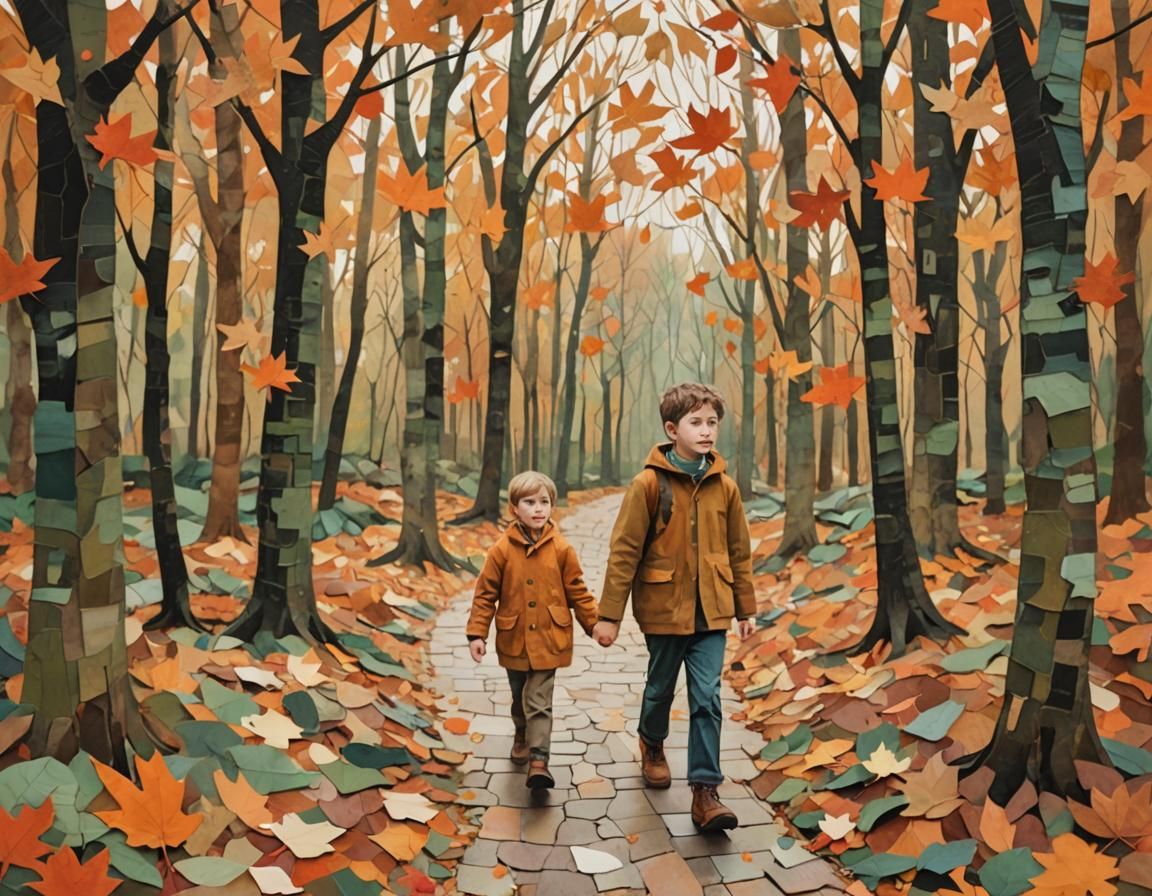 Boy Walks Through Autumn Leaves Collage Art
