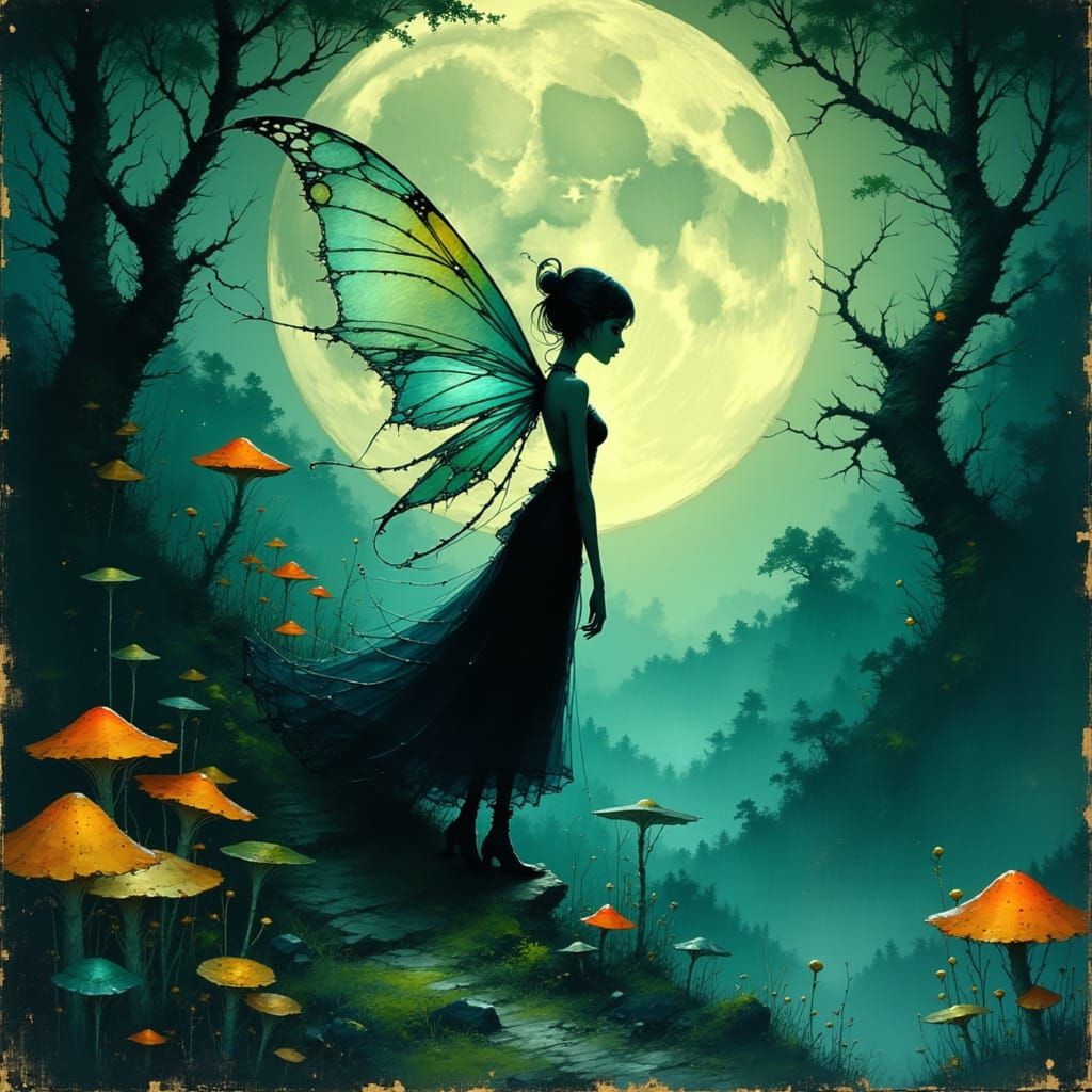 Gothic Fairy in Moonlit Forest: Surreal Digital Art