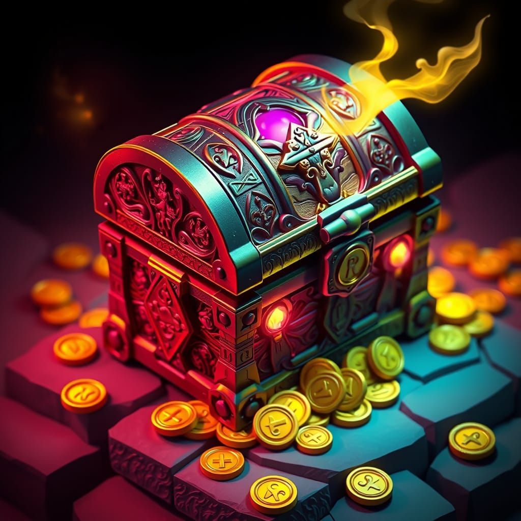 Isometric Treasure Chest with Golden Coins