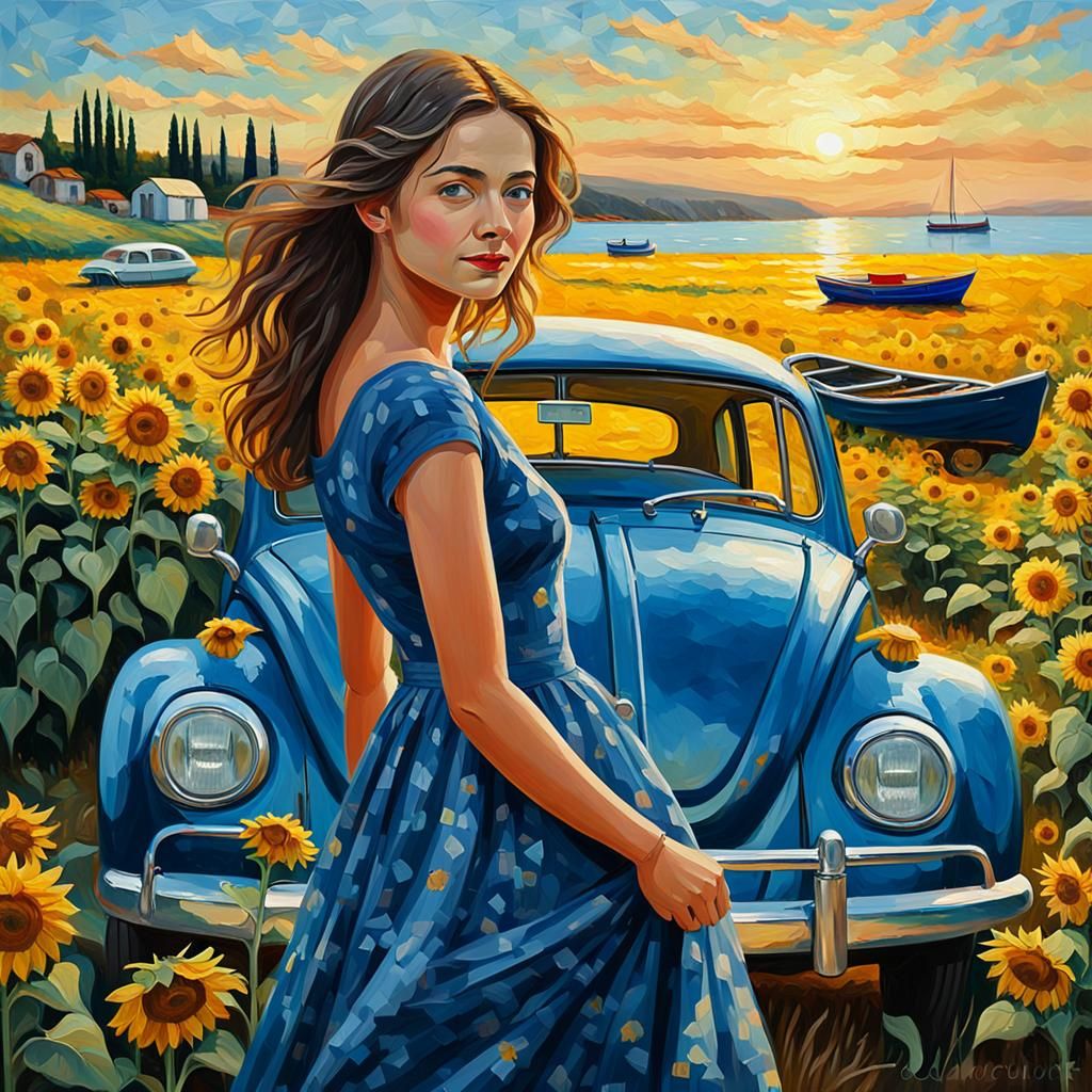 Woman in Sunflower Field: Impasto Oil Painting