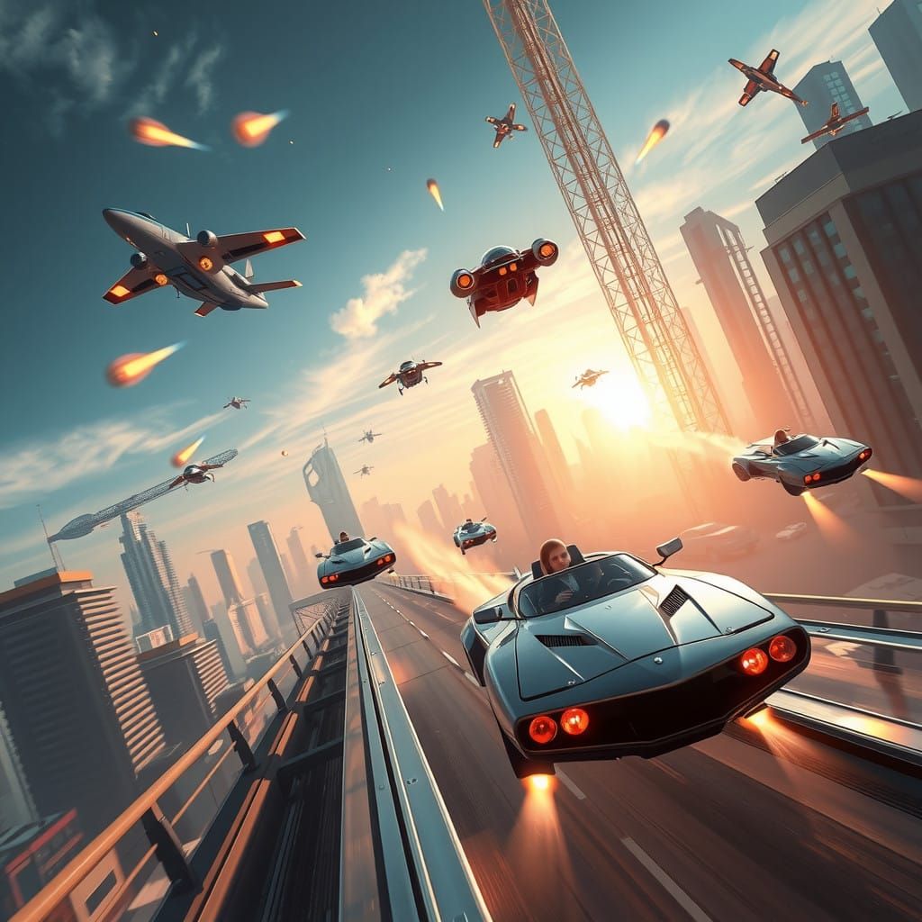 Dystopian Cityscape with Flying Cars, Jet Packs, and Moving....