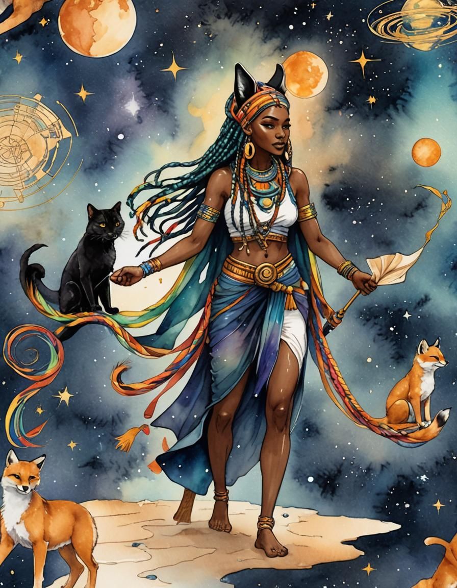 Tribal Woman Jedi in Ancient Egypt, Watercolor Art