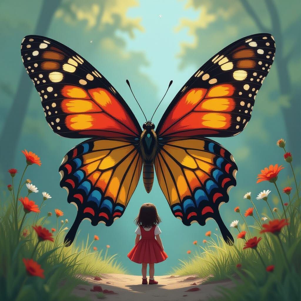 Butterfly Girl with Enormous Wings in Fantasy World