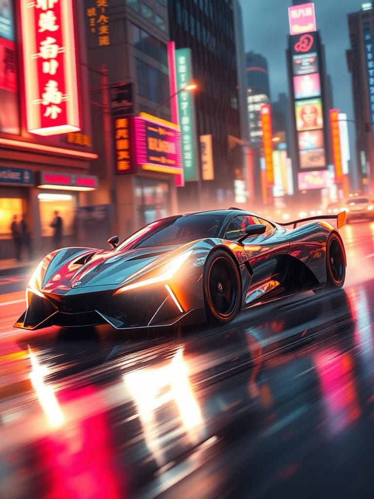 Neon Cityscape: Futuristic Car in Retro-Futuristic Style