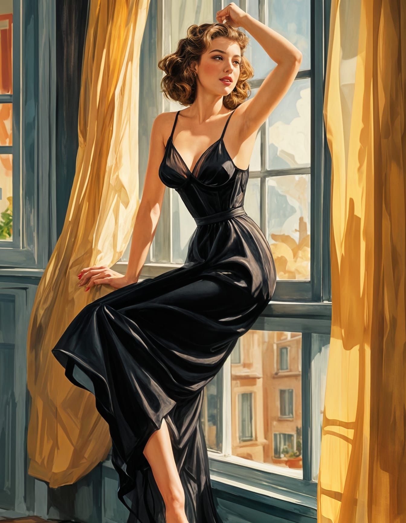 Pin-Up Girl in Black Gown by Window