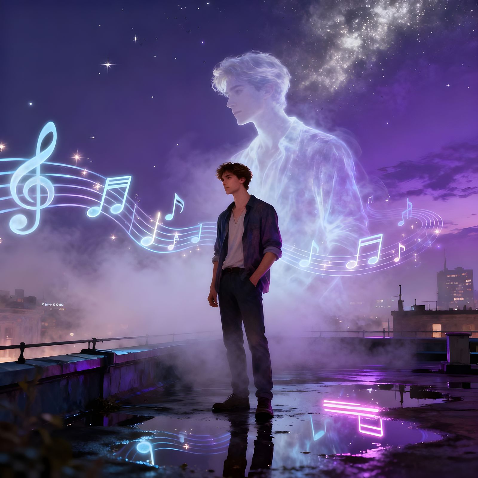 Man on Neon Rooftop with Ghostly Silhouette