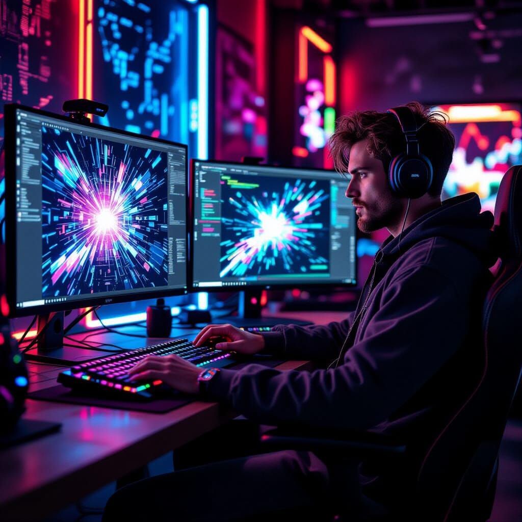 Cyberpunk Gamer Immersed in Neon-lit Virtual Reality