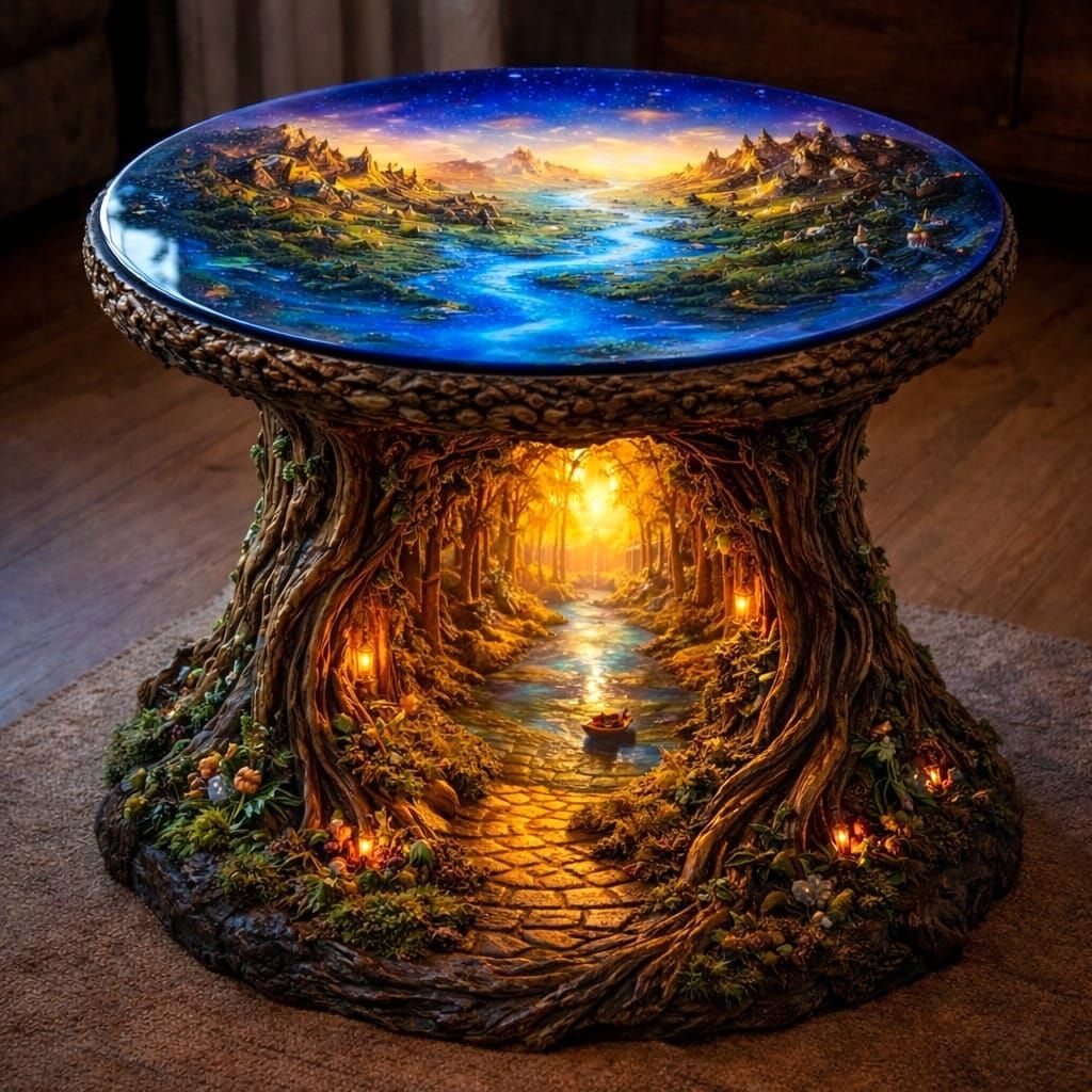 Fantasy Diorama Side Table with Glowing Landscape