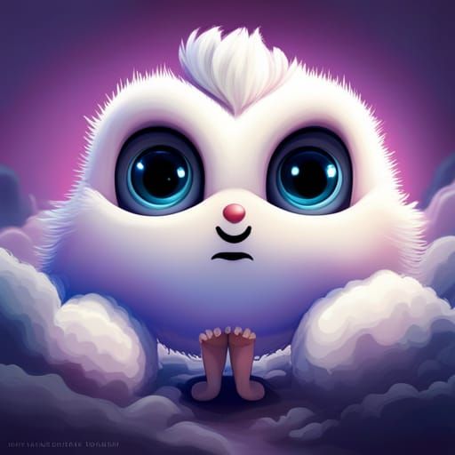 a cute fluffy white cloud monster made from puffy white clouds, big adorable chibi cloud monster, huge adorable eyes! ch...
