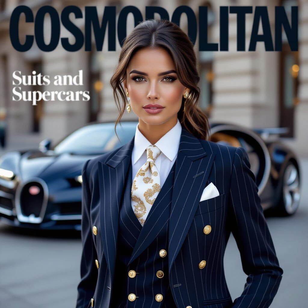 Confident Woman in Pinstripe Suit with Bugatti Chiron