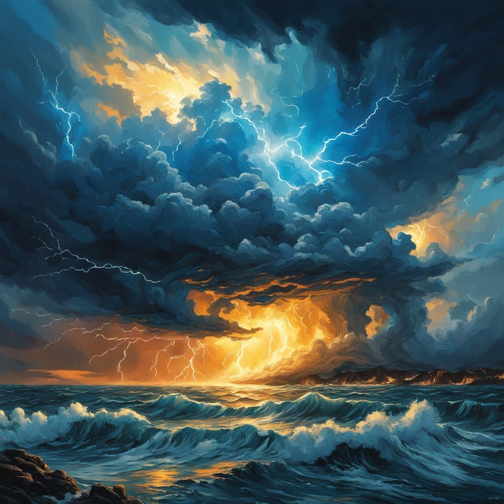 Surreal Stormy Seascape in Vibrant Colors and Golden Light