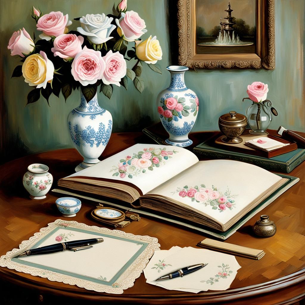 Romantic 19th Century Stationery Still Life