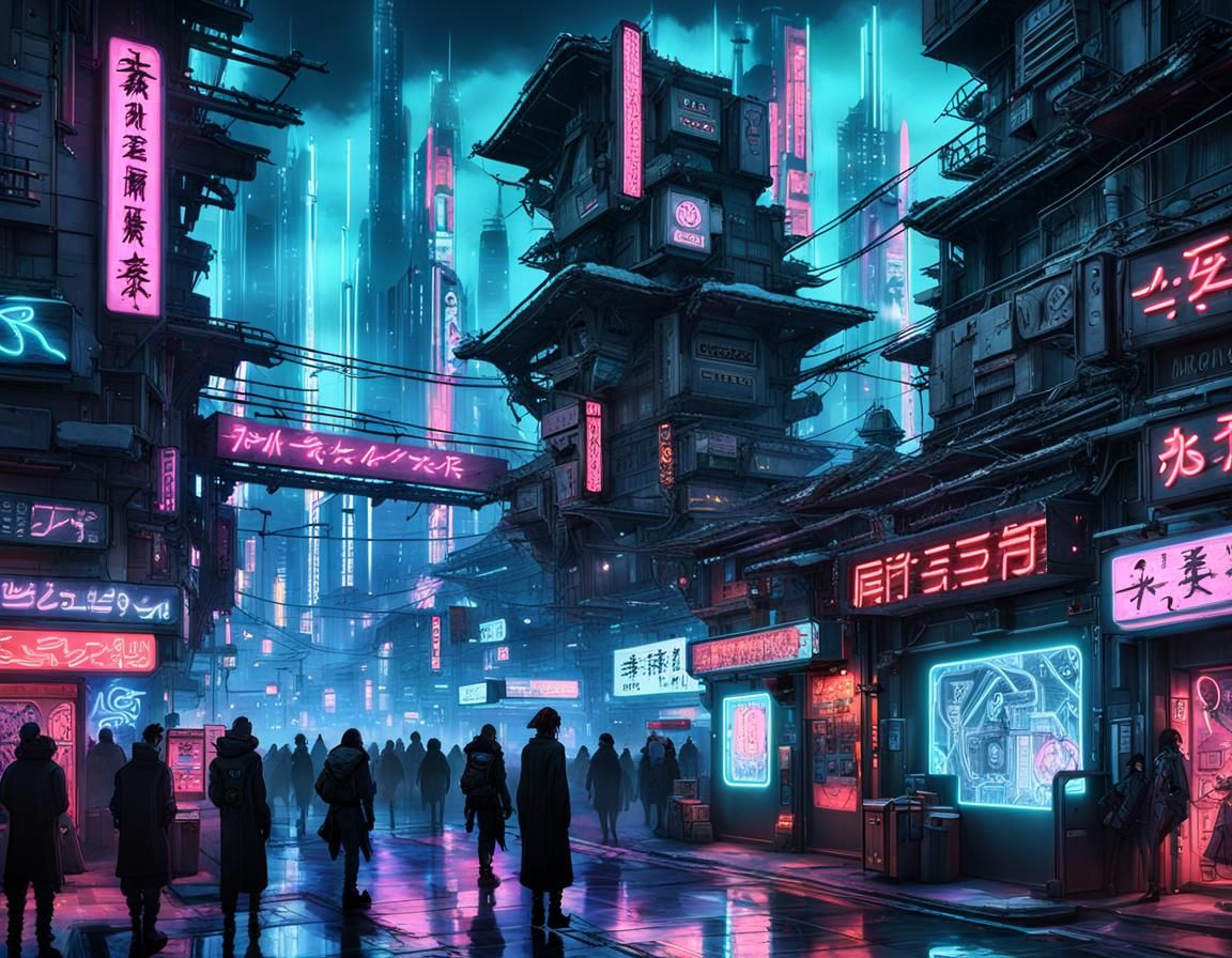 Cyberpunk Goth Cityscape with Anime Neon Signs