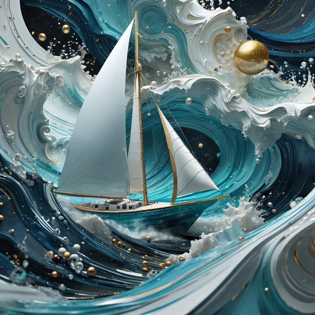 Sailboat in Marble Abstraction: Surreal 3D Art