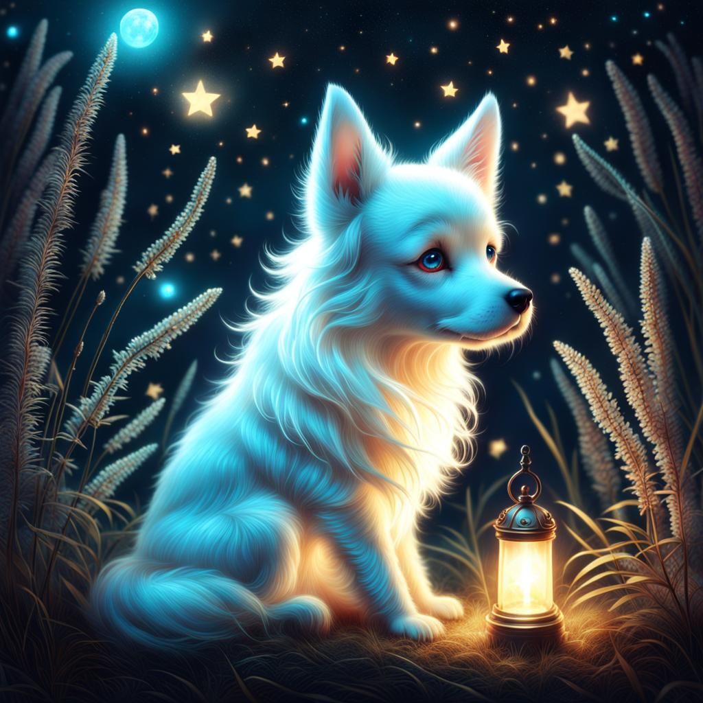 Creepy Cute Dog with Bioluminescent Glow and Stardust