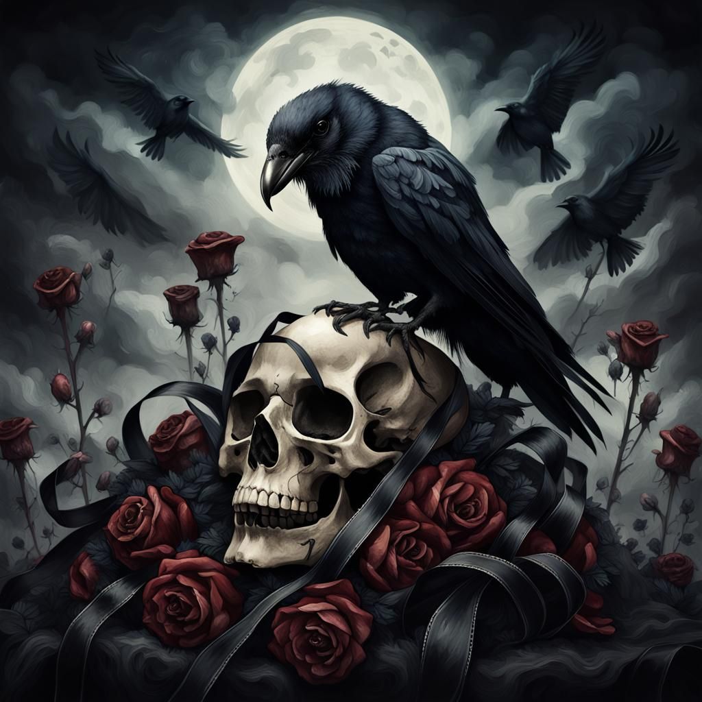 Raven on Skull with Roses: Dark Gothic Digital Art