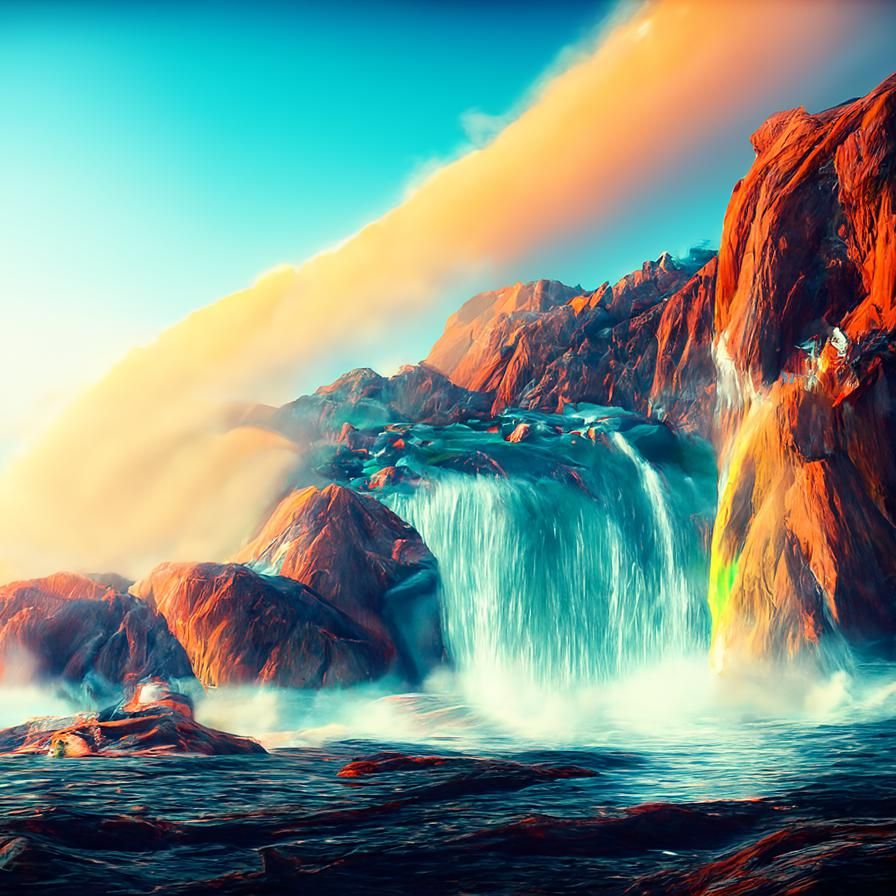 Mountain Waterfall in Bauhaus and Hudson River Style
