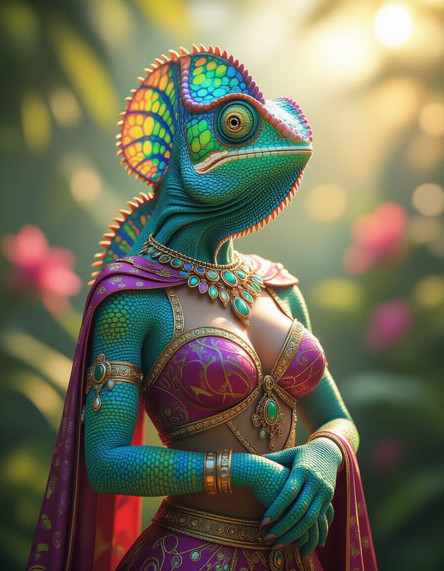 Chameleon Princess Portrait in Hyperrealistic Style