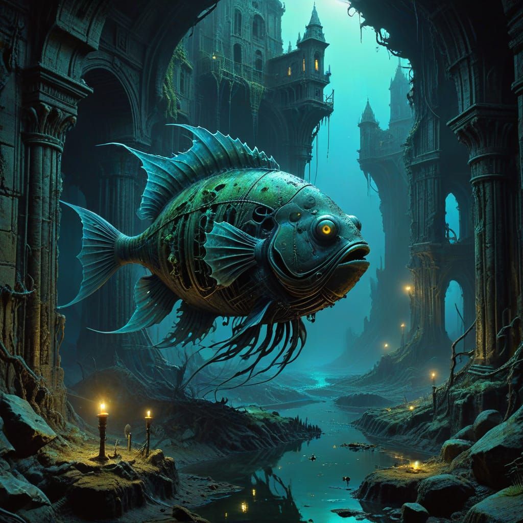 Bioluminescent Anglerfish in Sunken Steampunk City