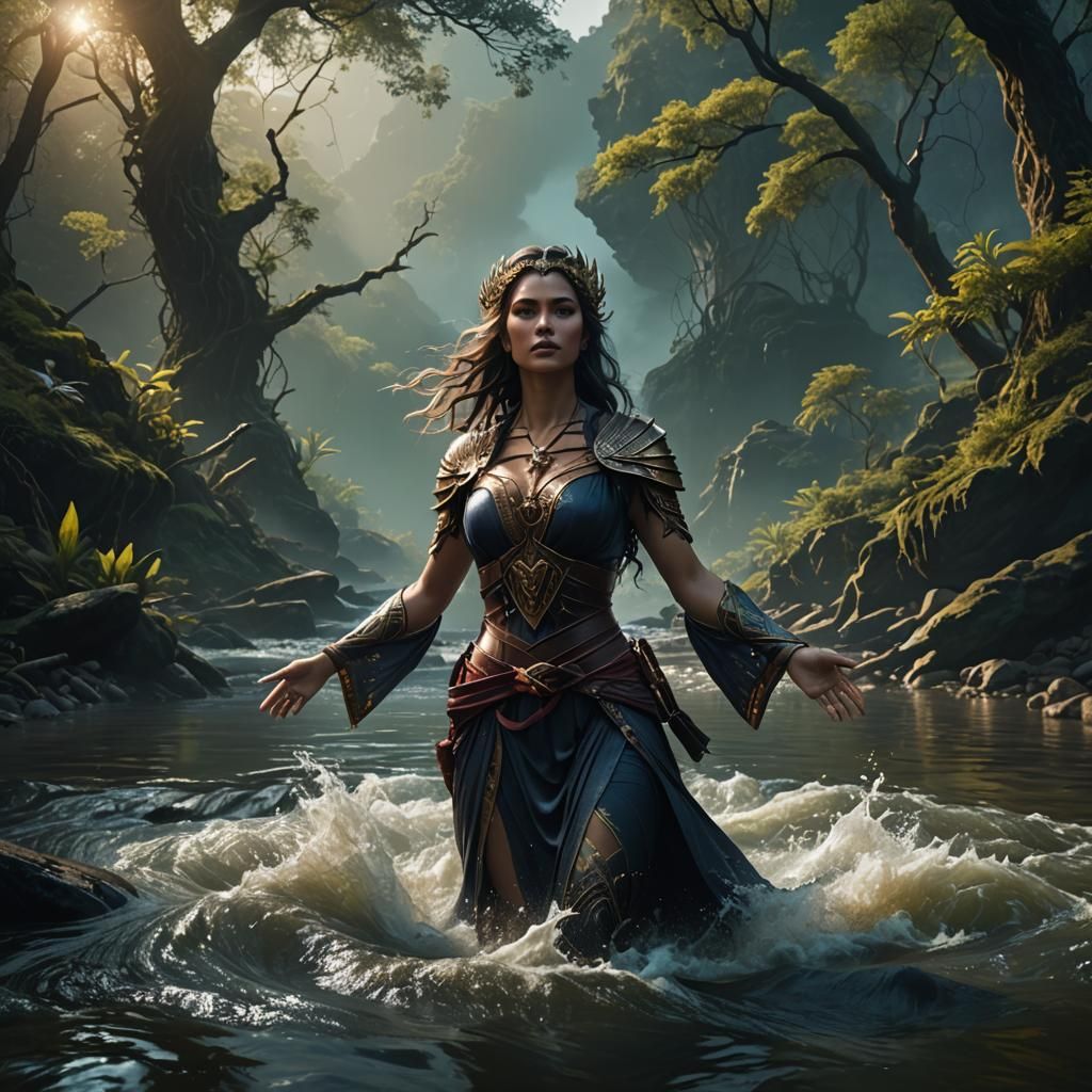 Mystical Woman Rising from River: Fantasy Art