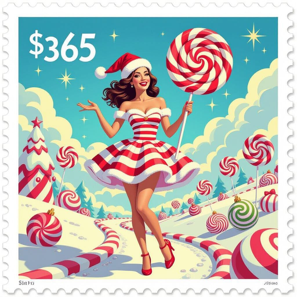Candy Woman on Postage Stamp in Digital Illustration