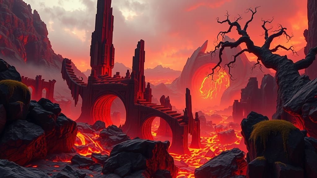 Molten Lava Flows Through Ancient Ruins