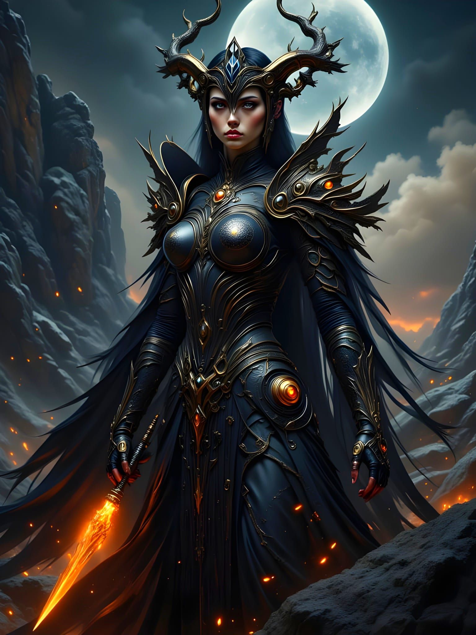 Cyborg Queen in Dark Night Mountain Battle Pose