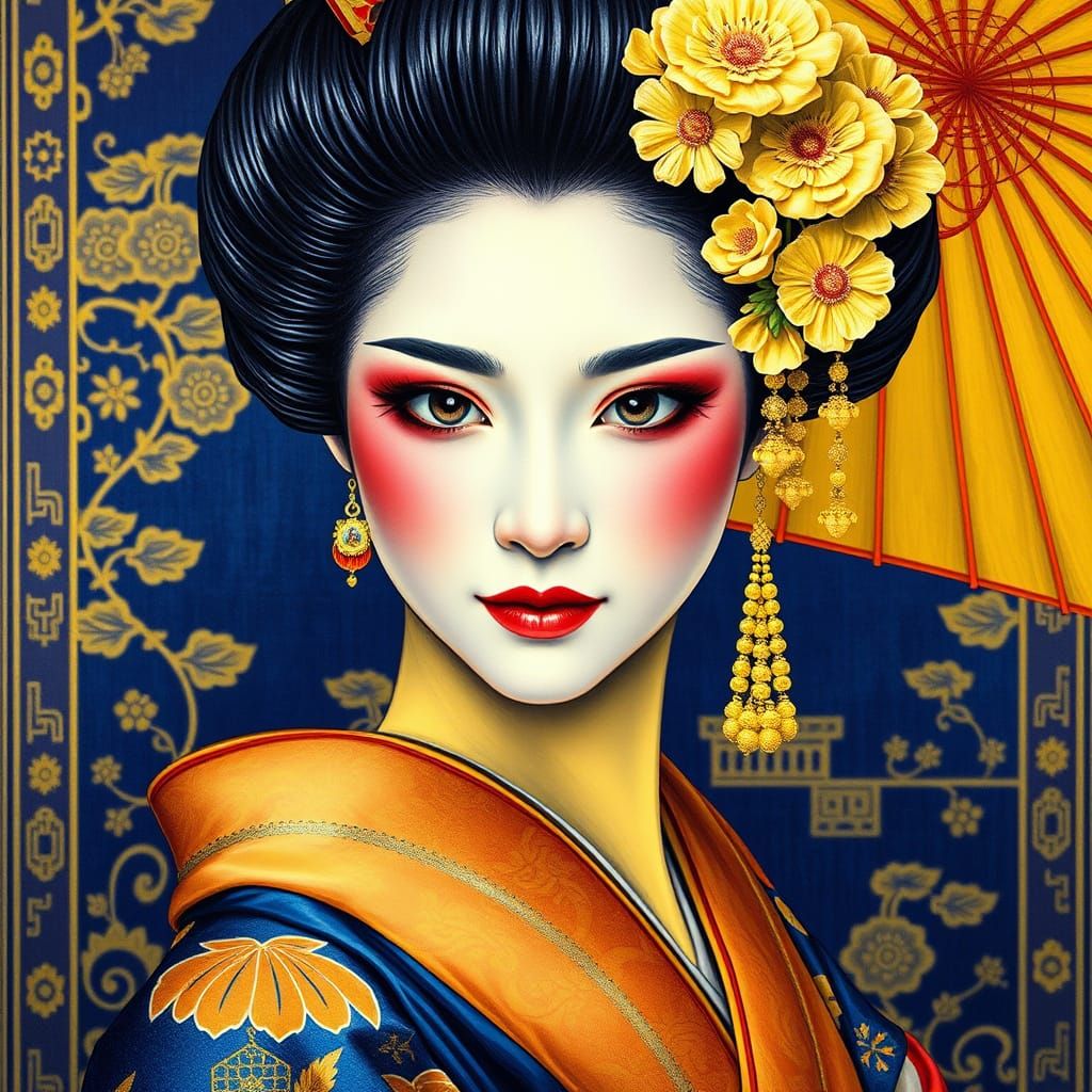 Hyper-Realistic Japanese Geisha in Vibrant Navy and Yellow