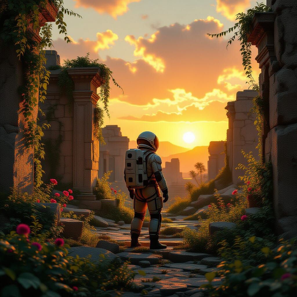 Astronaut in Ancient Ruins at Sunset