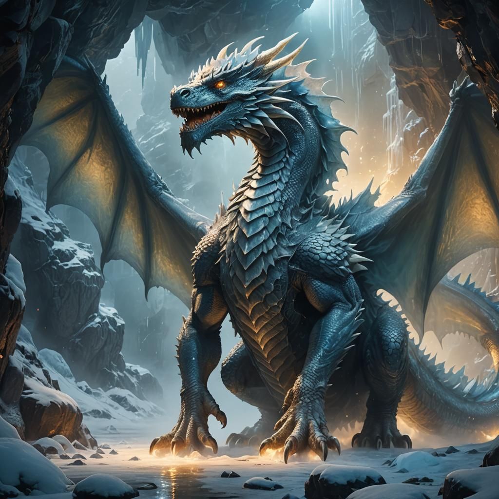 Ice Dragon in Misty Cave: Fantasy Concept Art