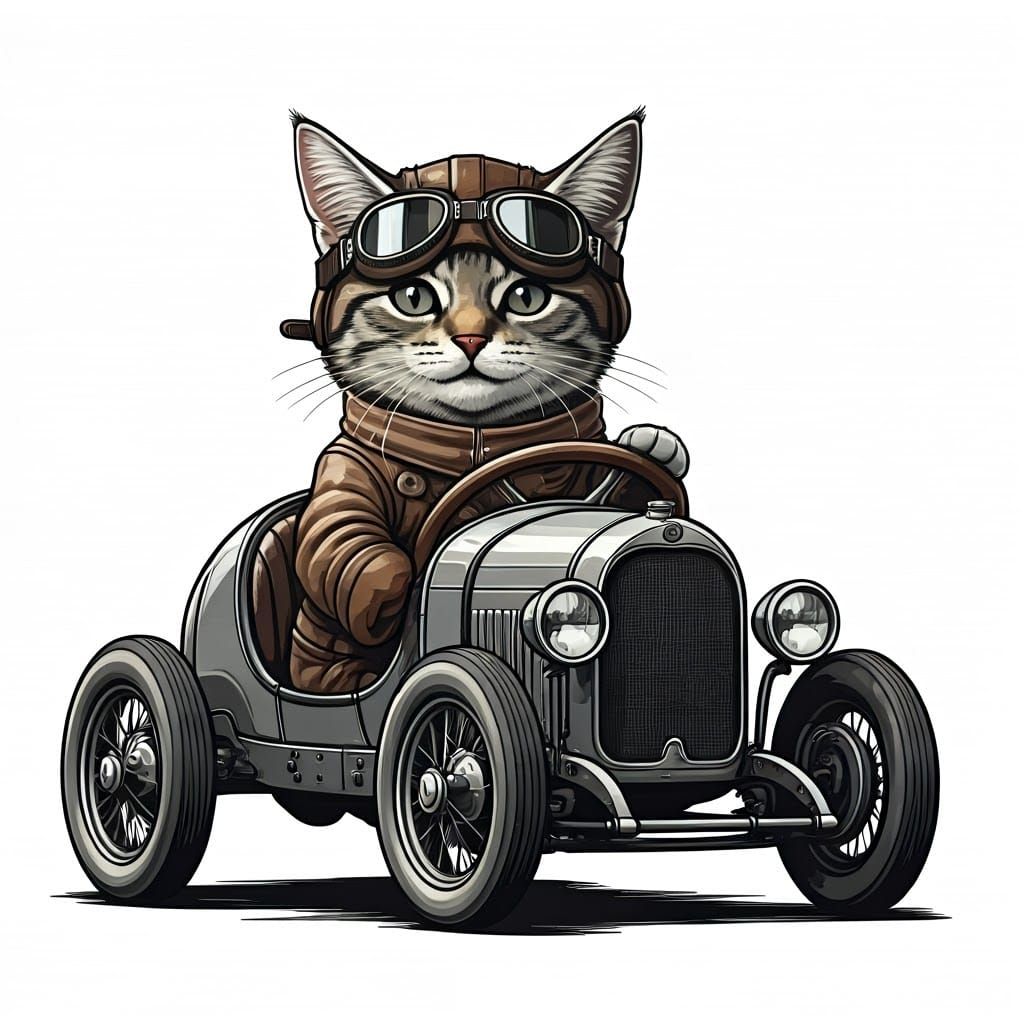 Vintage Racing Kitten in Whimsical Illustration Style