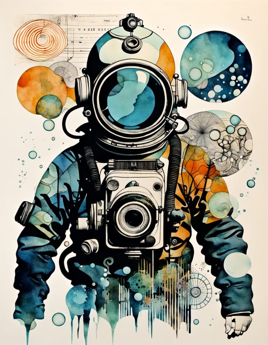 Victorian Diver in Ukiyo-e Style Collage