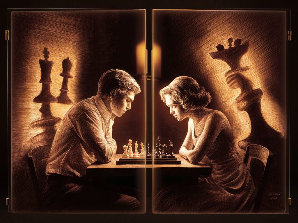 Chess by Candlelight in Pencil Sketch Style