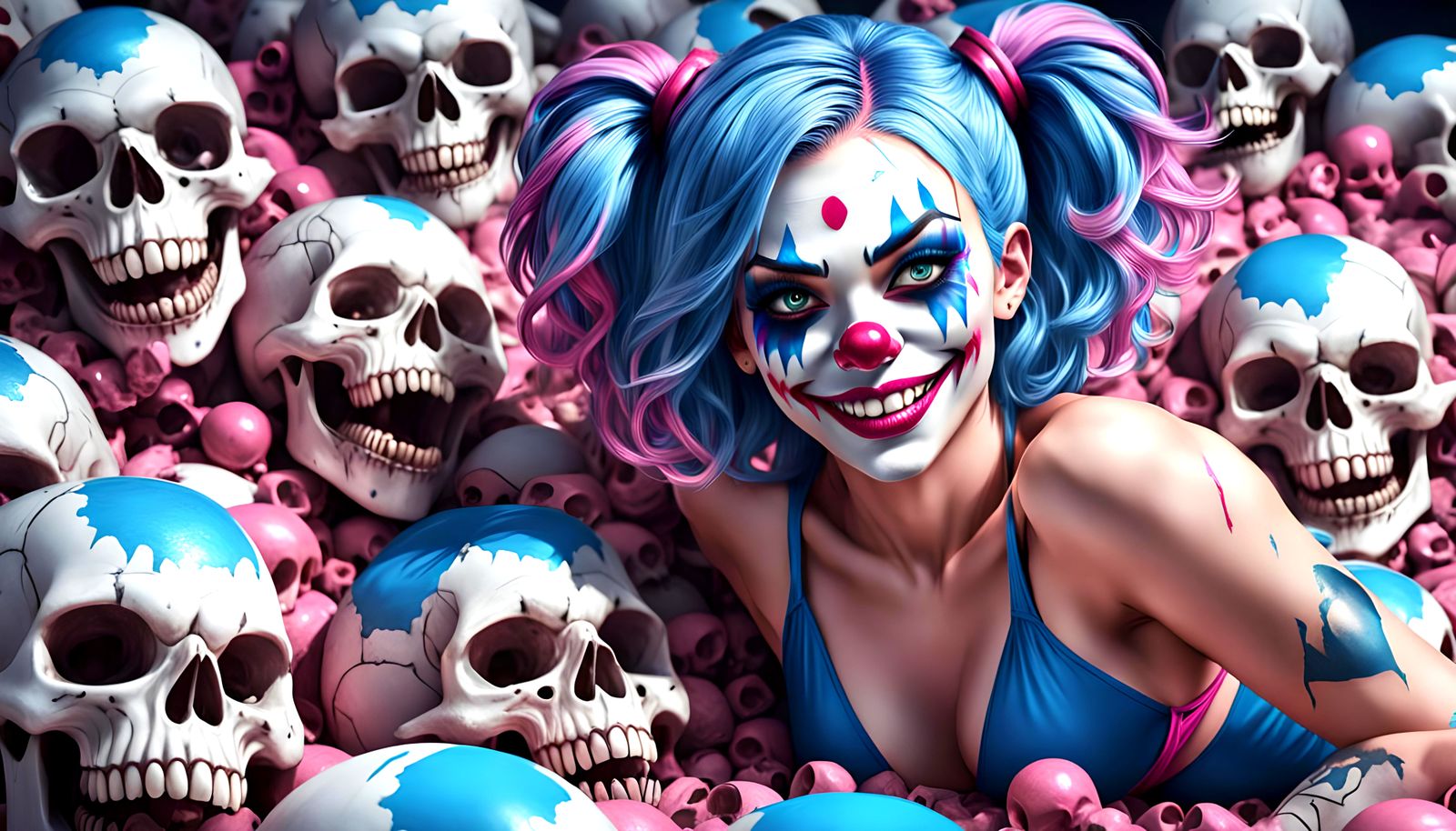 Evil Clown Babe with Skulls in Comic Book Art