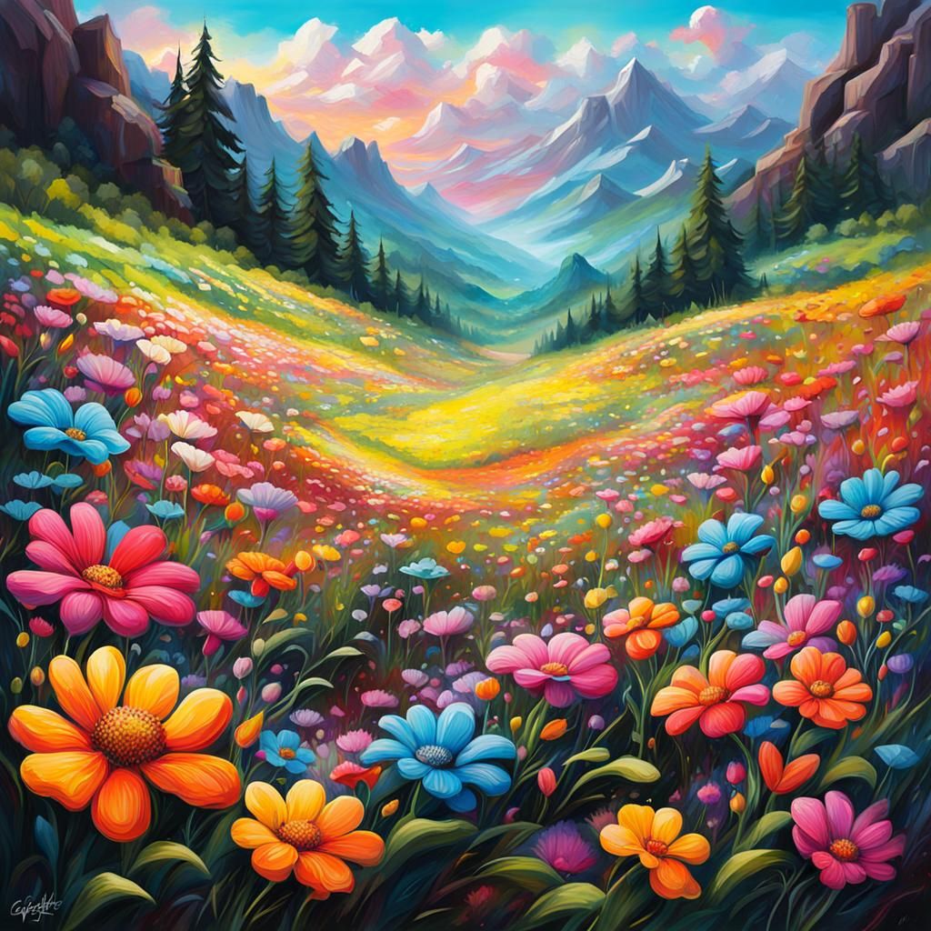 Mountain Valley Flower Field in Graffiti Art Style