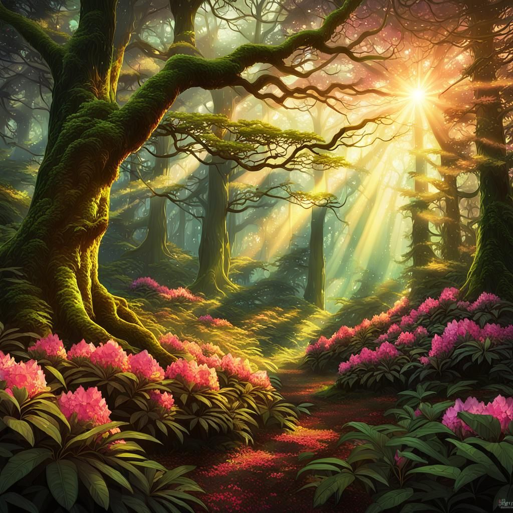 An enchanted forest at sunset