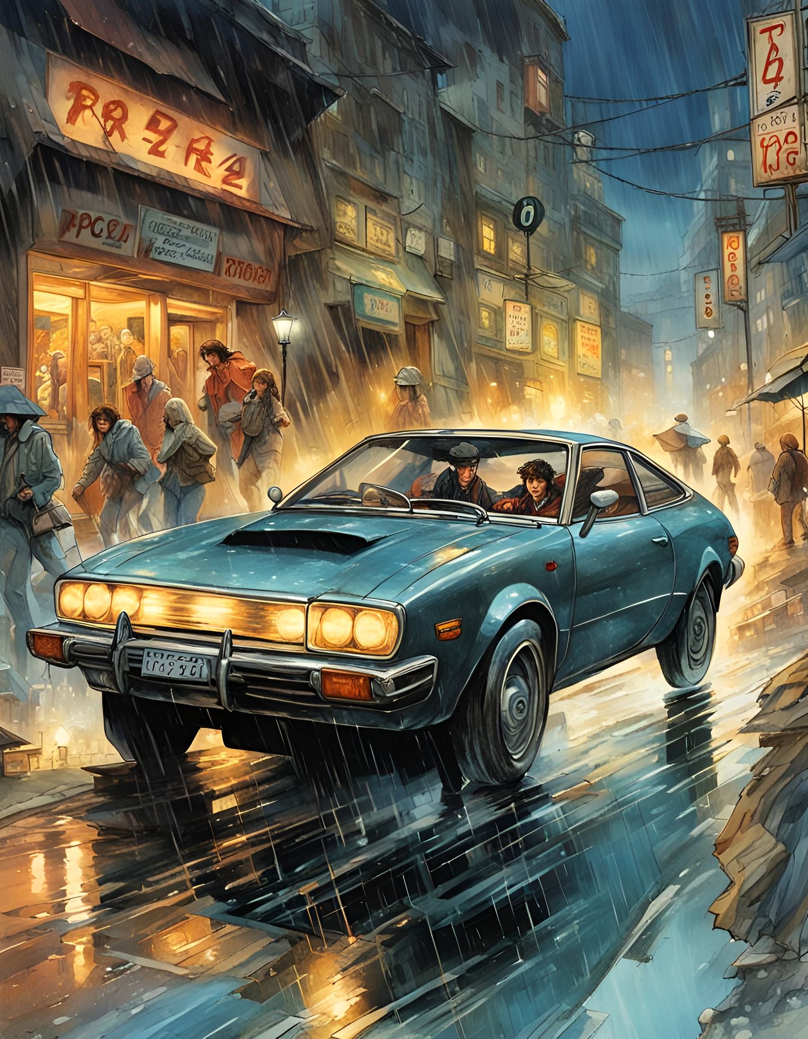Toyota Celica in Rainy City Nightscape