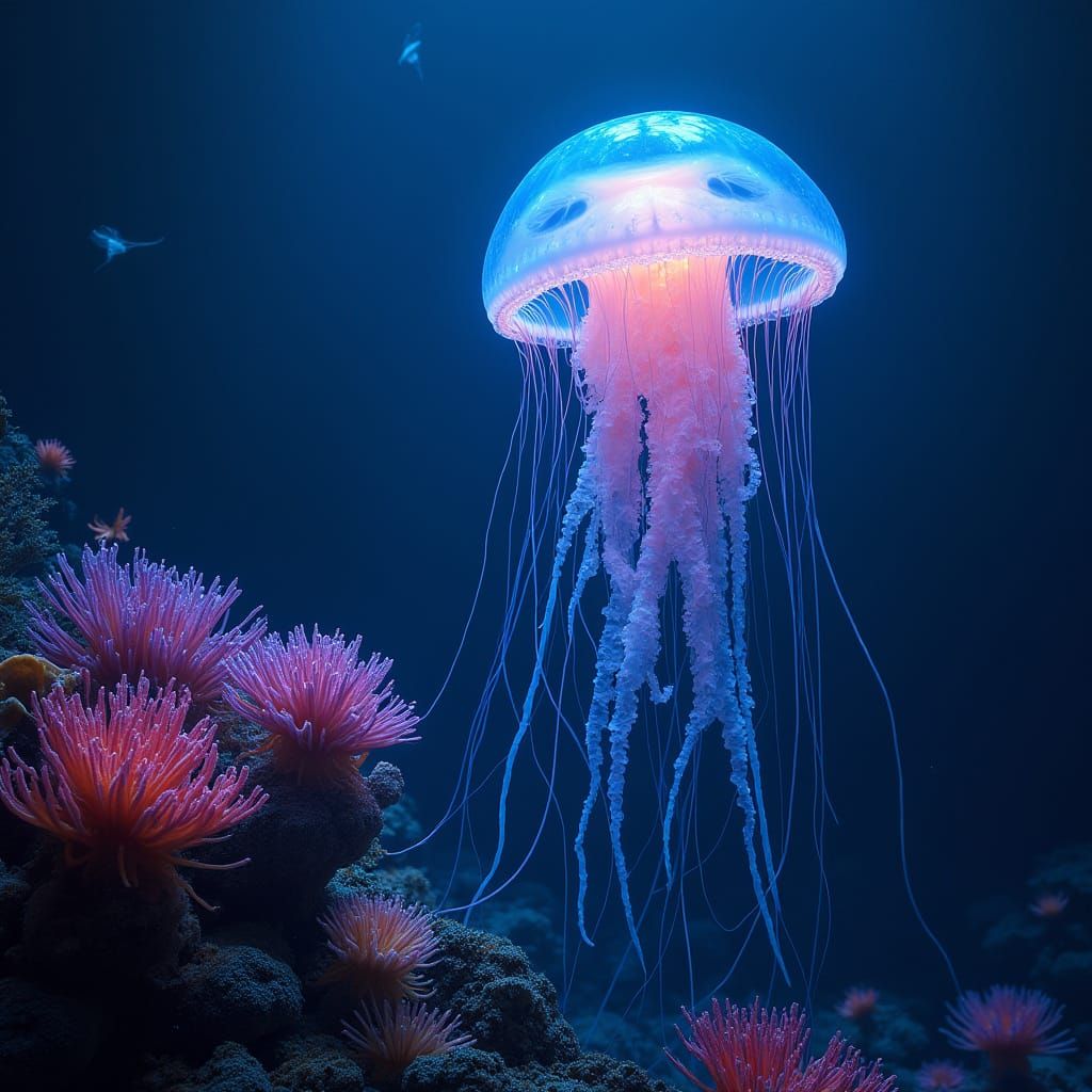 Bioluminescent Jellyfish Drifting in Alien Ocean