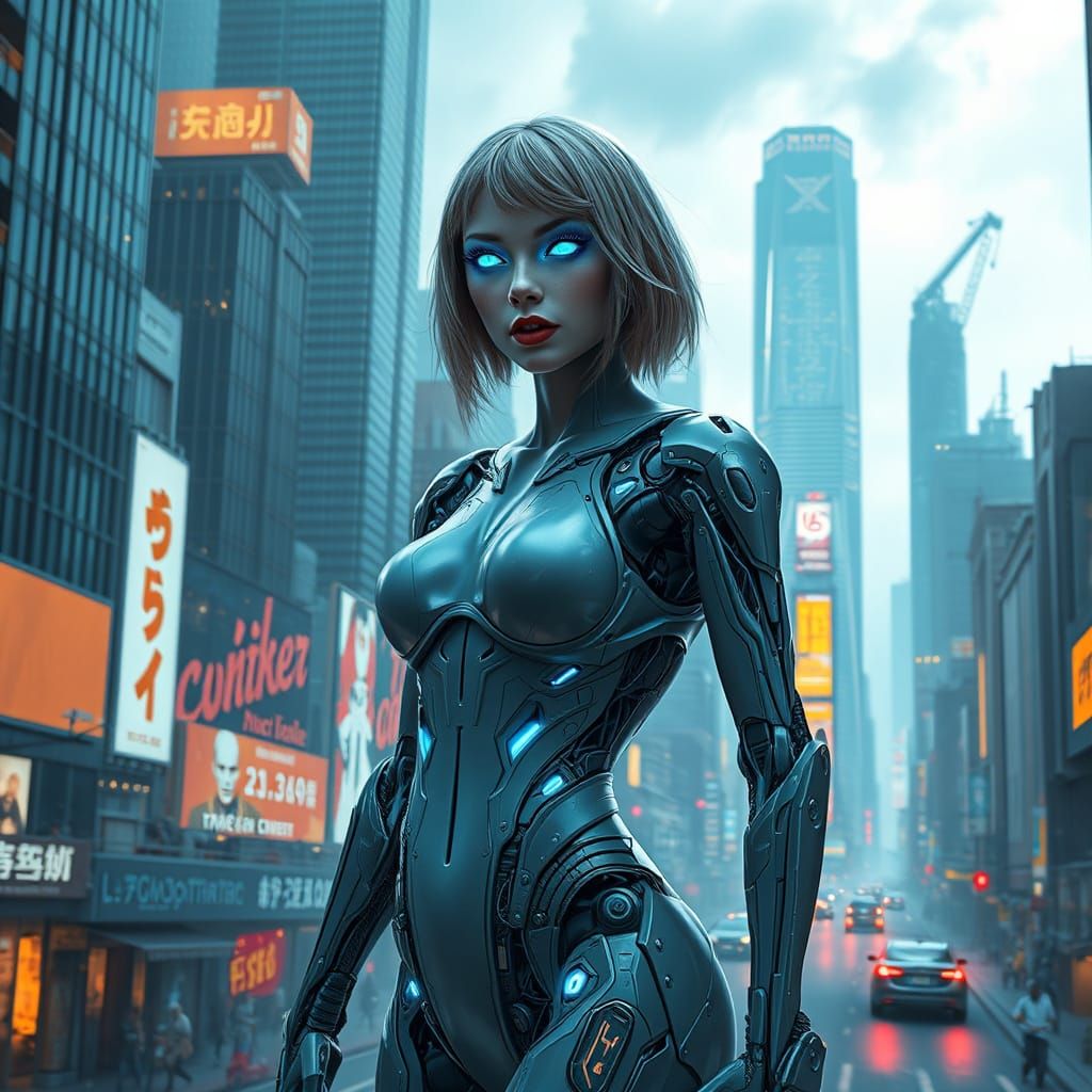 Cyborg Taylor Swift in Dystopian Metropolis