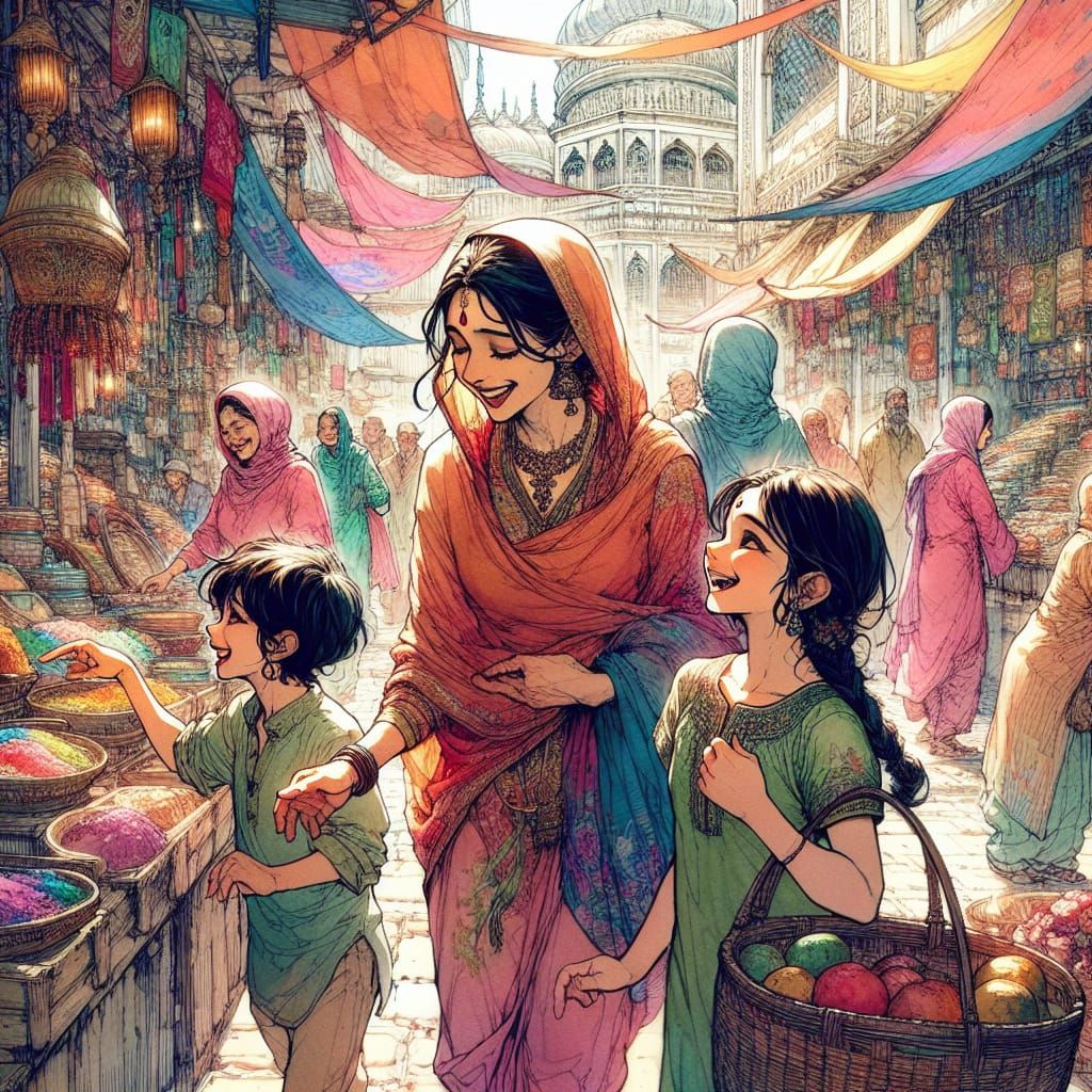 South Asian Mother and Children Shopping in Vibrant Market S...